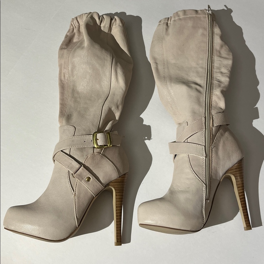 Frederick's of Hollywood Leather Boots Ivory 5.5 Booties Heels Shoes Cream Sexy